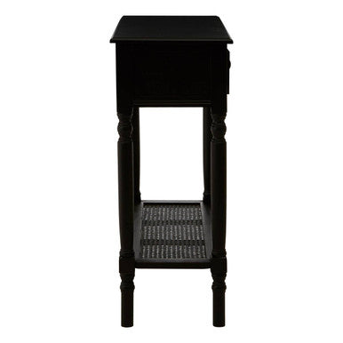 Antique Black Wash Wooden 2-Drawer Console Table with Lower Cane Detail Display Shelf, Heritage