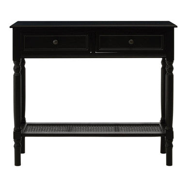 Antique Black Wash Wooden 2-Drawer Console Table with Lower Cane Detail Display Shelf, Heritage