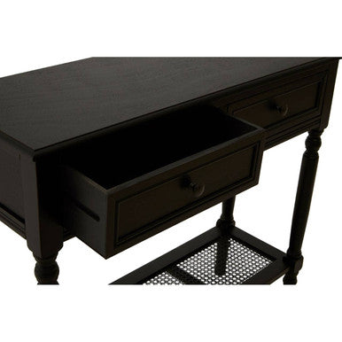 Antique Black Wash Wooden 2-Drawer Console Table with Lower Cane Detail Display Shelf, Heritage