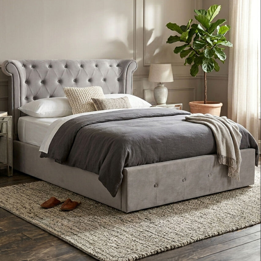 Grey Velvet Ottoman Double Bed | Edison