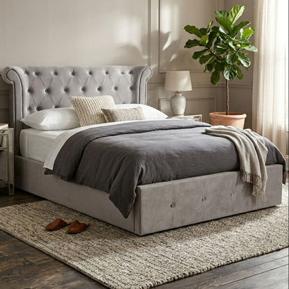 Grey Velvet Ottoman Double Bed | Edison