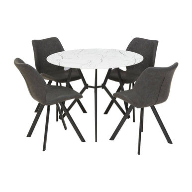 White Round Marble Effect Top and Grey Meta Frame Dining Table with Grey 6 Chairs Set | Weston