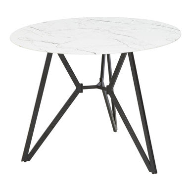 White Round Marble Effect Top and Grey Meta Frame Dining Table with Grey 6 Chairs Set | Weston