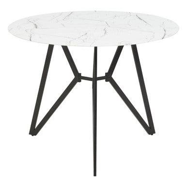 White Round Marble Effect Top and Grey Meta Frame Dining Table with Grey 6 Chairs Set | Weston