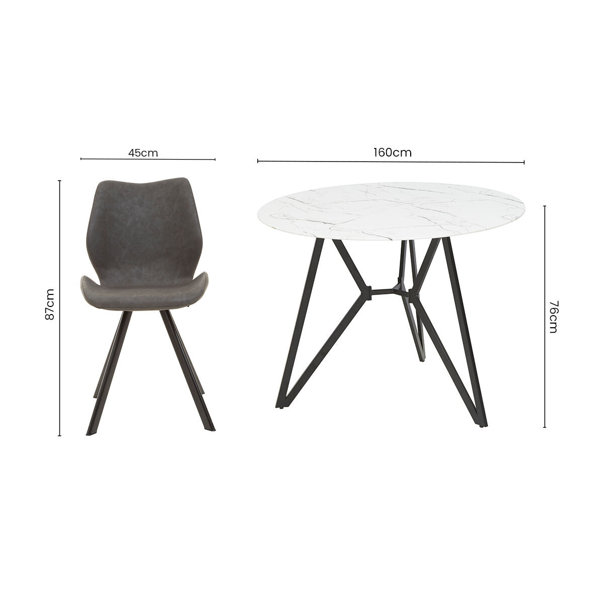 White Round Marble Effect Top and Grey Meta Frame Dining Table with Grey 6 Chairs Set | Weston