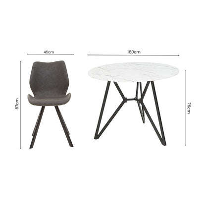 White Round Marble Effect Top and Grey Meta Frame Dining Table with Grey 6 Chairs Set | Weston