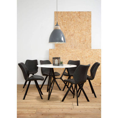 White Round Marble Effect Top and Grey Meta Frame Dining Table with Grey 6 Chairs Set | Weston