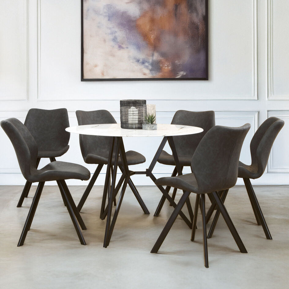 White Round Marble Effect Top and Grey Meta Frame Dining Table with Grey 6 Chairs Set | Weston