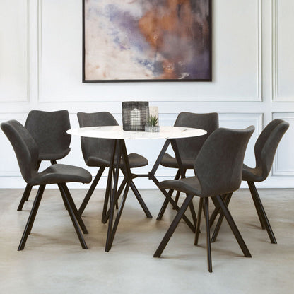 White Round Marble Effect Top and Grey Meta Frame Dining Table with Grey 6 Chairs Set | Weston