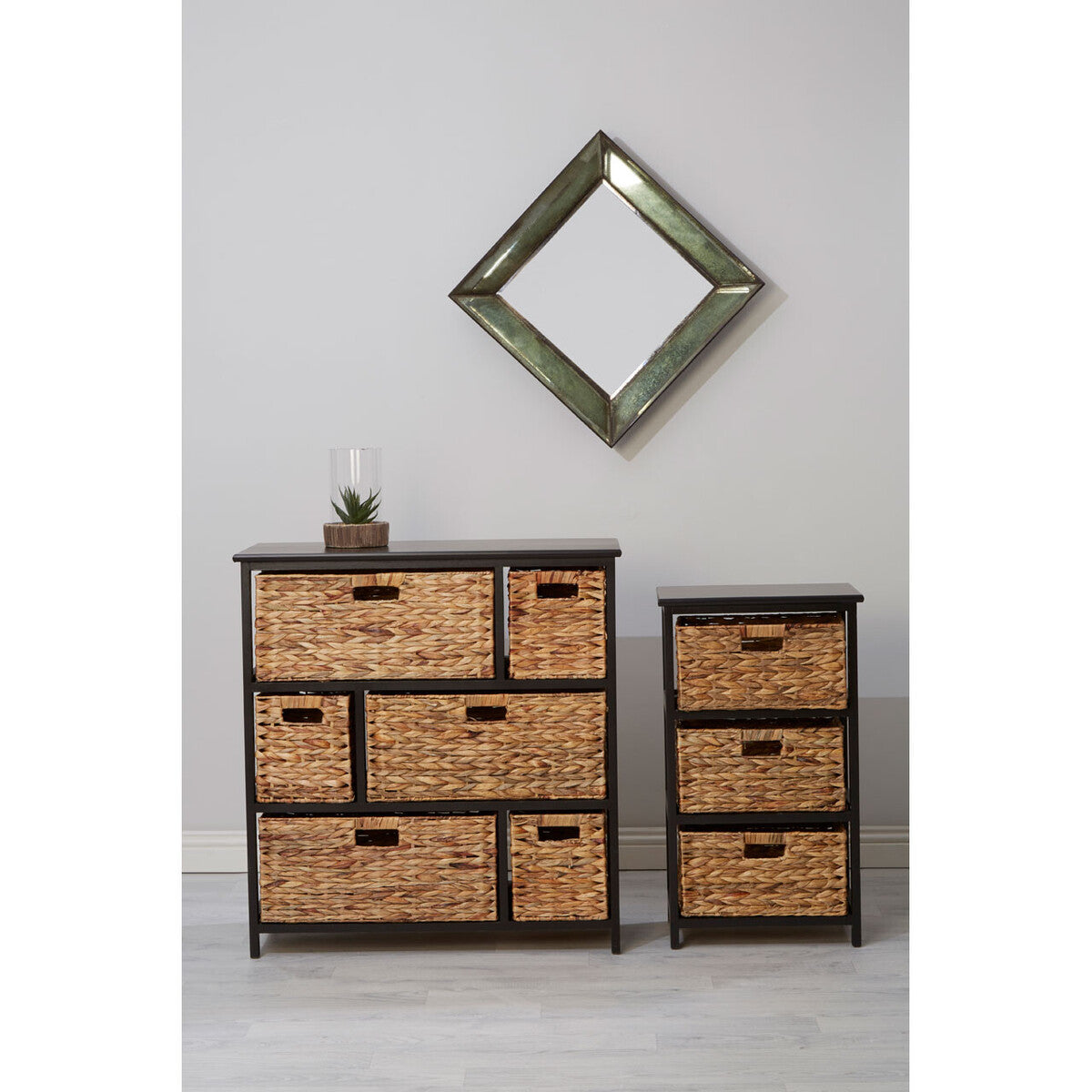 Padstow Black Storage Unit with 6 Water Hyacinth Drawers