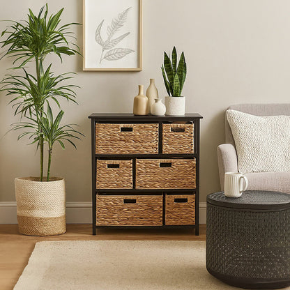 Padstow Black Storage Unit with 6 Water Hyacinth Drawers