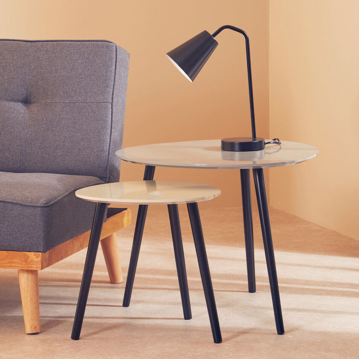 Set of 2 Grey Wooden Triangular Nesting Tables with Black Natural Wood Legs | Nostra