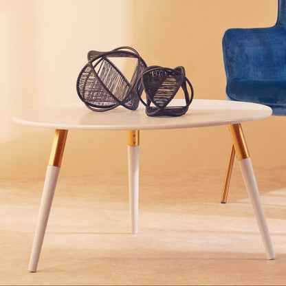 Light Grey Round Top Wooden Coffee Table with Natural Wood Legs and Gold Trim | Nostra