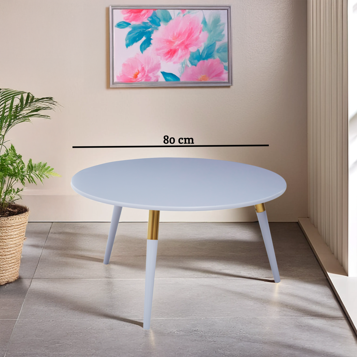 Light Grey Round Top Wooden Coffee Table with Natural Wood Legs and Gold Trim | Nostra