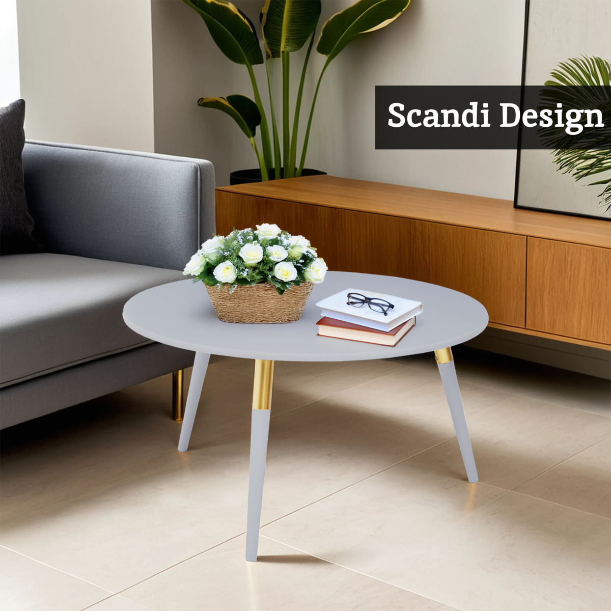 Light Grey Round Top Wooden Coffee Table with Natural Wood Legs and Gold Trim | Nostra