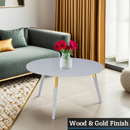 Light Grey Round Top Wooden Coffee Table with Natural Wood Legs and Gold Trim | Nostra