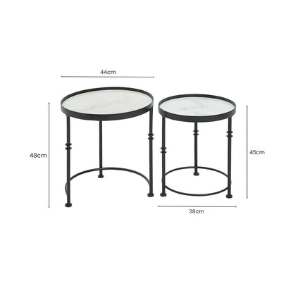 Set of 2 Black Frame and White Marble Top Round Nesting Side Tables | Arcana