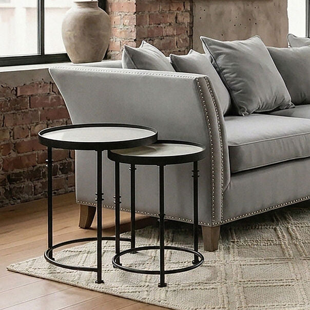 Set of 2 Black Frame and White Marble Top Round Nesting Side Tables | Arcana