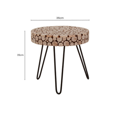 Natural Fir Wood Disc Mosaic Round Coffee Table with Black Metal Hairpin Legs | Lacuna