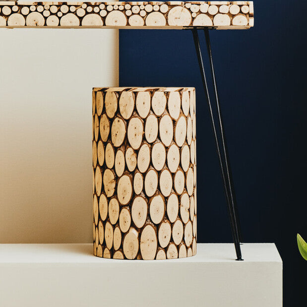Distressed Fir Wood Mosaic Side Table and Stool | Lacuna