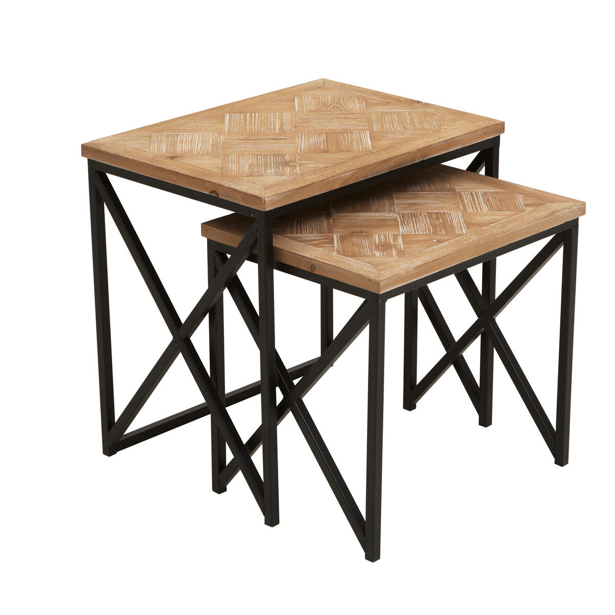 Kickford Parquet Fir Wood Set Of Two Nesting Tables
