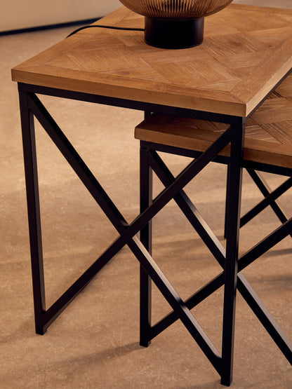 Kickford Parquet Fir Wood Set Of Two Nesting Tables