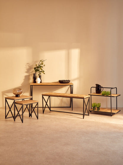 Kickford Parquet Fir Wood Set Of Two Nesting Tables