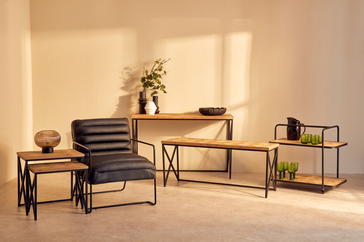 Kickford Parquet Fir Wood Set Of Two Nesting Tables