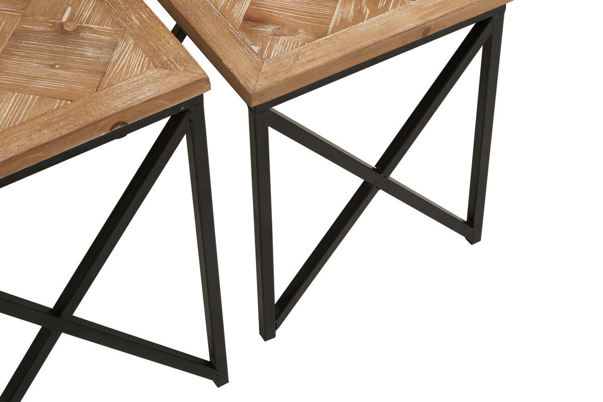 Kickford Parquet Fir Wood Set Of Two Nesting Tables