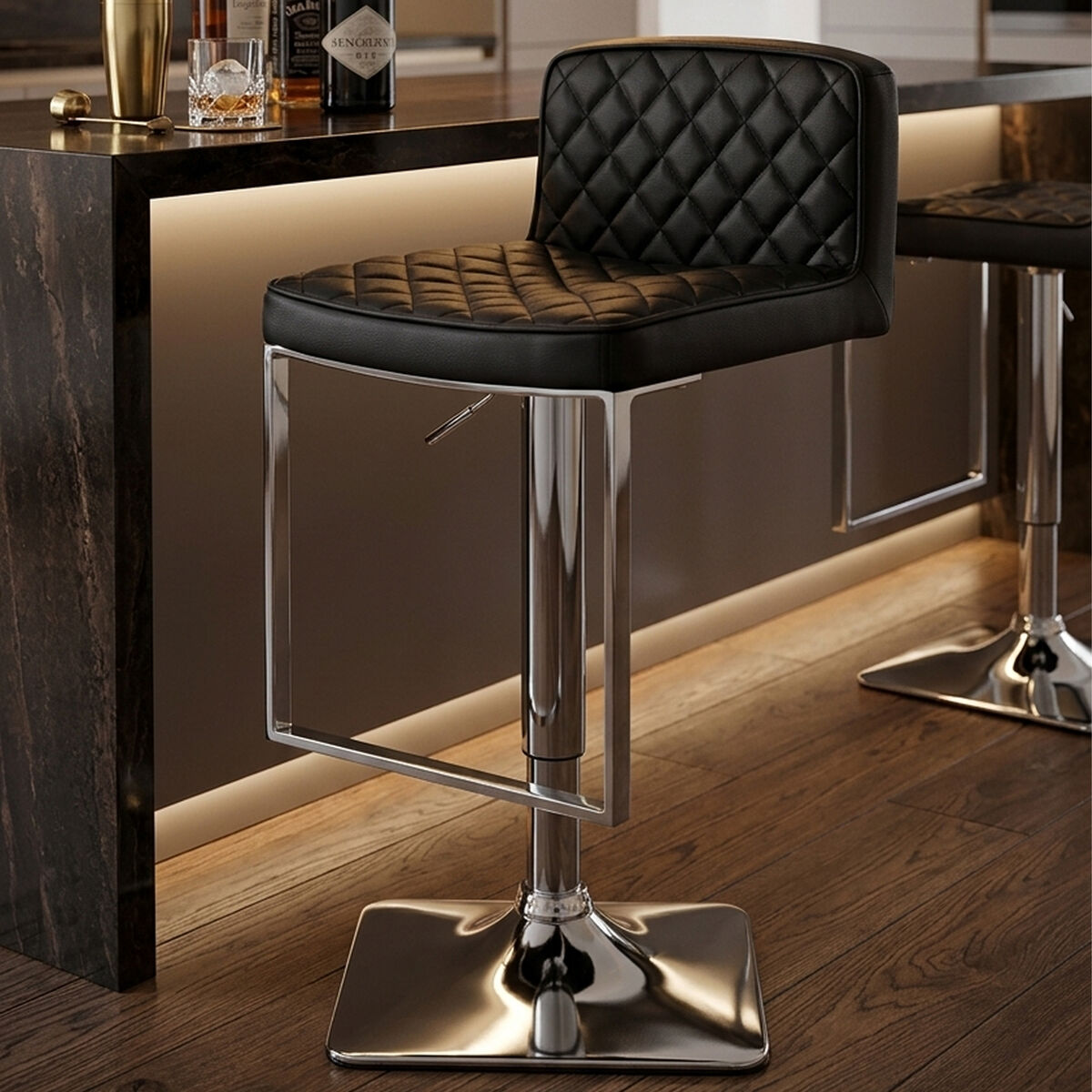Baina Black And Chrome Bar Stool With Square Base