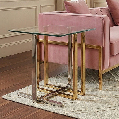 Alvea Gold and Silver Stainless Steel Side Table with Clear Tempered Glass Top