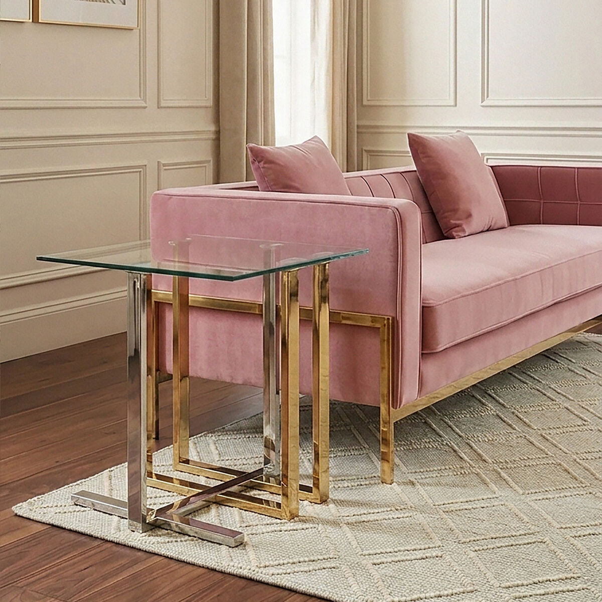 Alvea Gold and Silver Stainless Steel Side Table with Clear Tempered Glass Top
