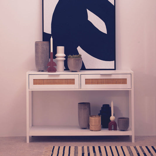 Sherman White Wood and Rattan Two Drawer Console Table