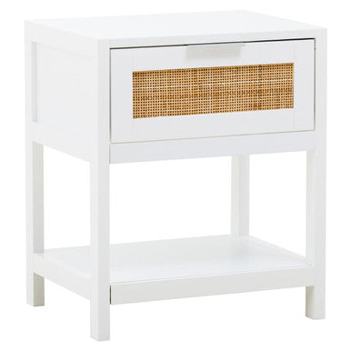 Sherman White Wood and Rattan One Drawer Side Table