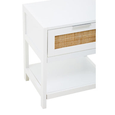 Sherman White Wood and Rattan One Drawer Side Table