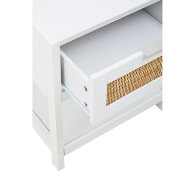 Sherman White Wood and Rattan One Drawer Side Table