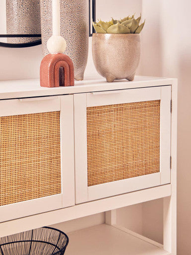 Sherman White Wood and Rattan Two Drawer Side Cabinet