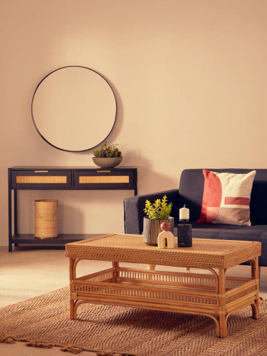 Sherman Black Wood and Rattan Two Drawer Console Table