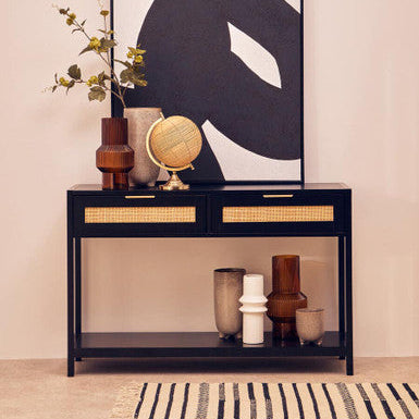 Sherman Black Wood and Rattan Two Drawer Console Table