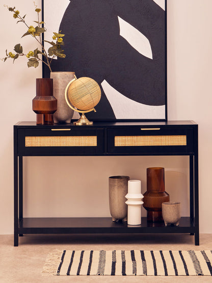 Sherman Black Wood and Rattan Two Drawer Console Table