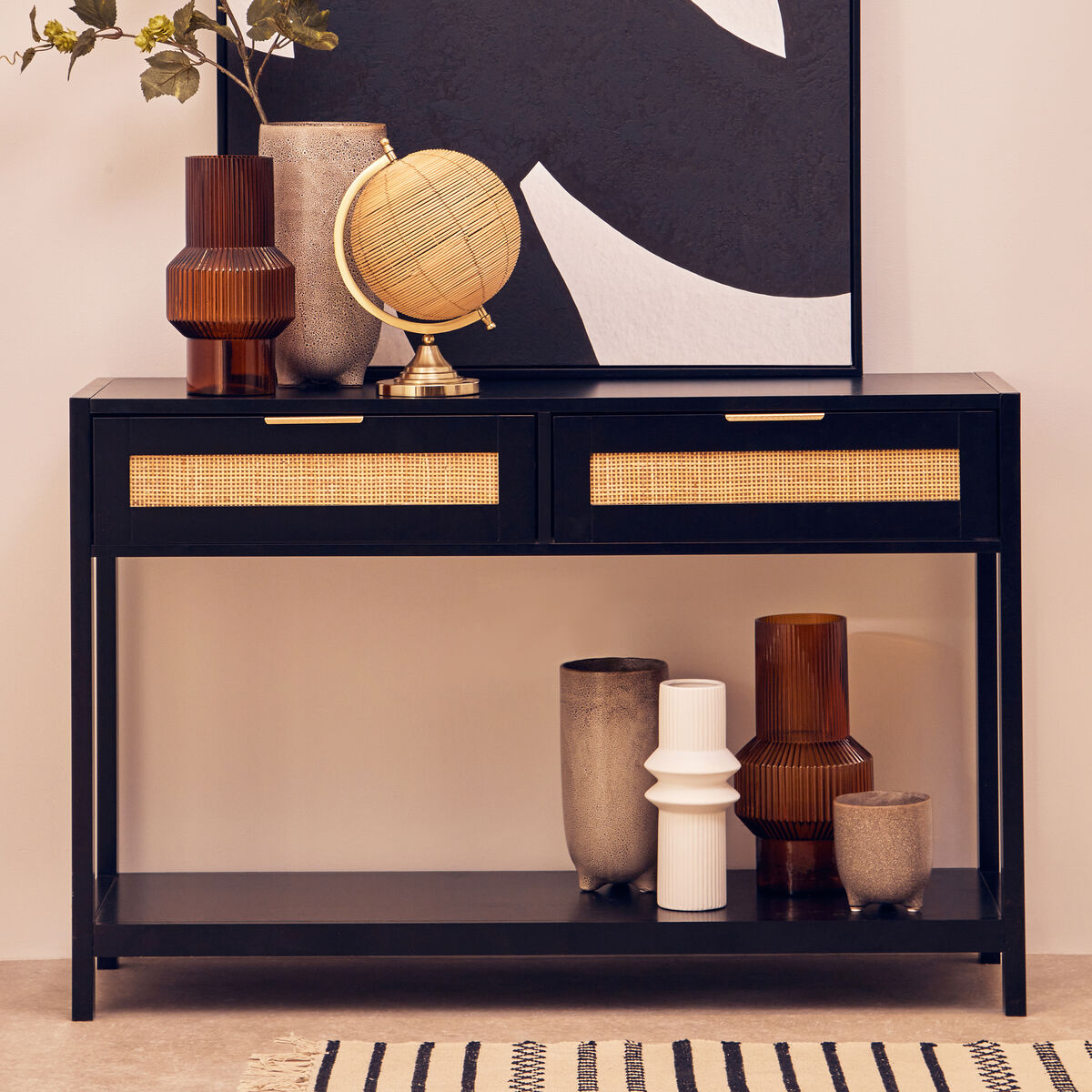 Sherman Black Wood and Rattan Two Drawer Console Table