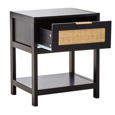 Sherman Black Wood and Natural Rattan One Drawer Bedside Table