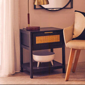 Sherman Black Wood and Natural Rattan One Drawer Bedside Table