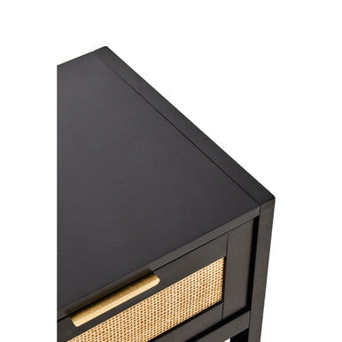 Sherman Black Wood and Natural Rattan One Drawer Bedside Table