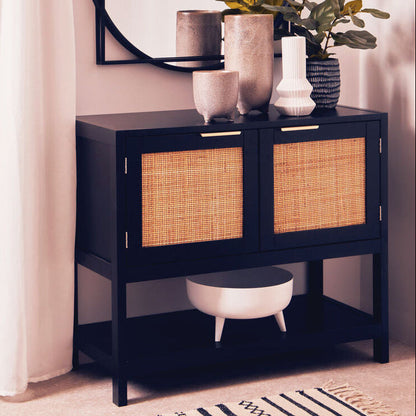 Sherman Black Wood and Rattan Two Door Side Cabinet