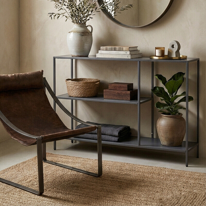 Grey Metal Console Table with Rectangular Top and Two-Tier Open Shelf Storage, Acero | Acero