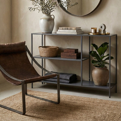 Grey Metal Console Table with Rectangular Top and Two-Tier Open Shelf Storage, Acero | Acero