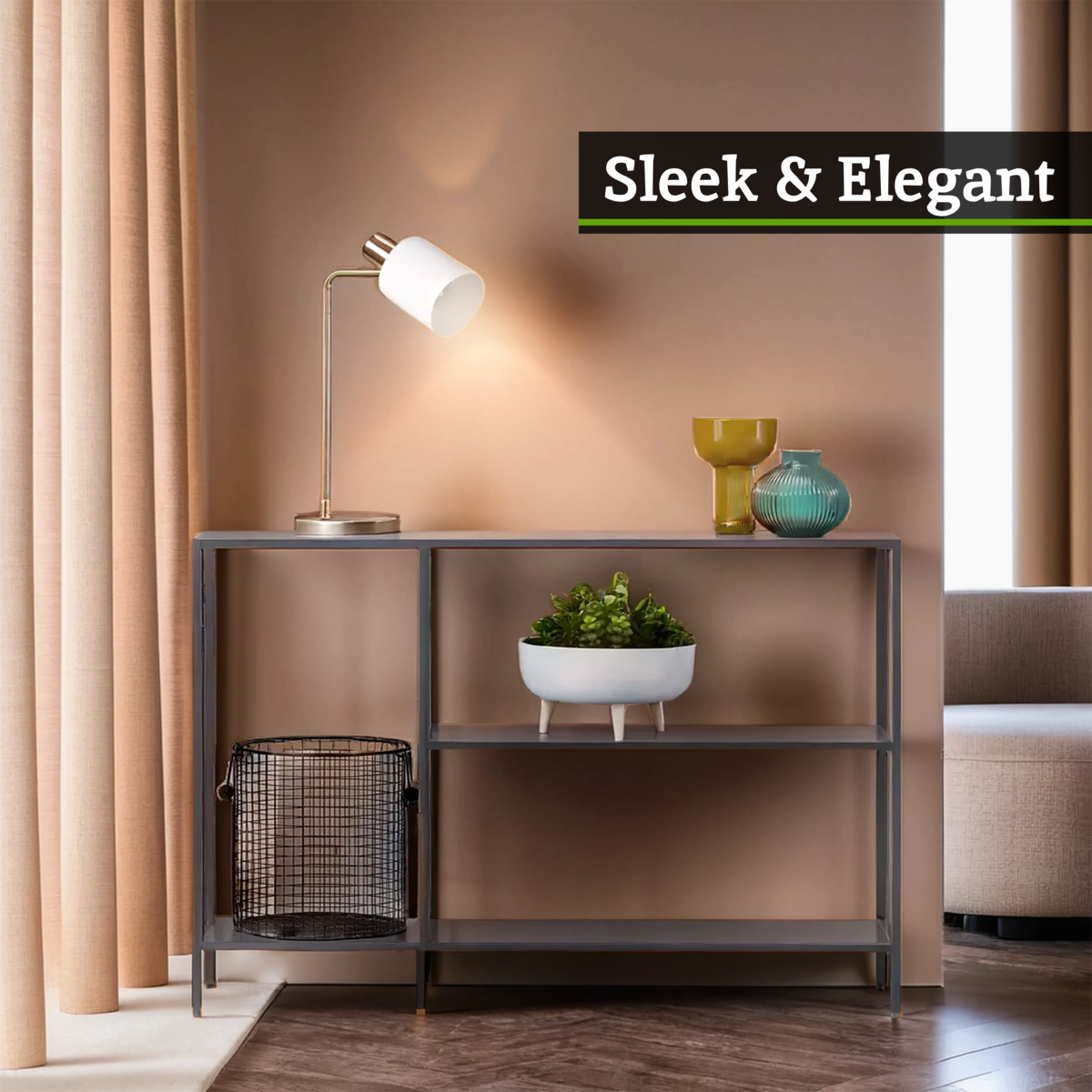 Grey Metal Console Table with Rectangular Top and Two-Tier Open Shelf Storage, Acero | Acero