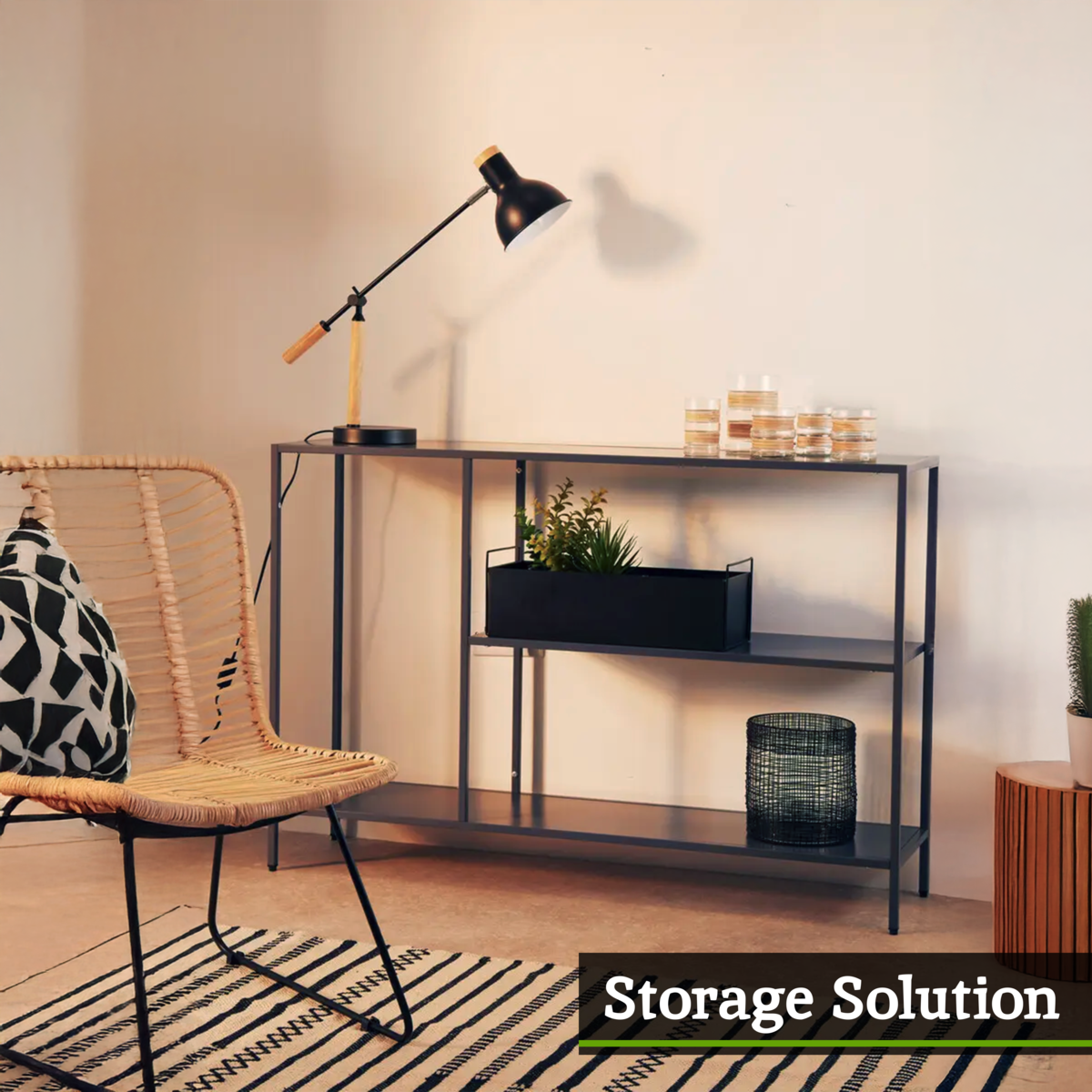 Grey Metal Console Table with Rectangular Top and Two-Tier Open Shelf Storage, Acero | Acero