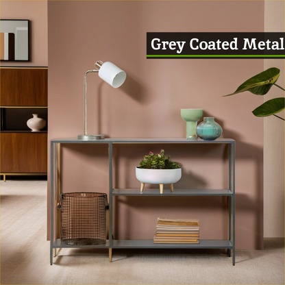 Grey Metal Console Table with Rectangular Top and Two-Tier Open Shelf Storage, Acero | Acero